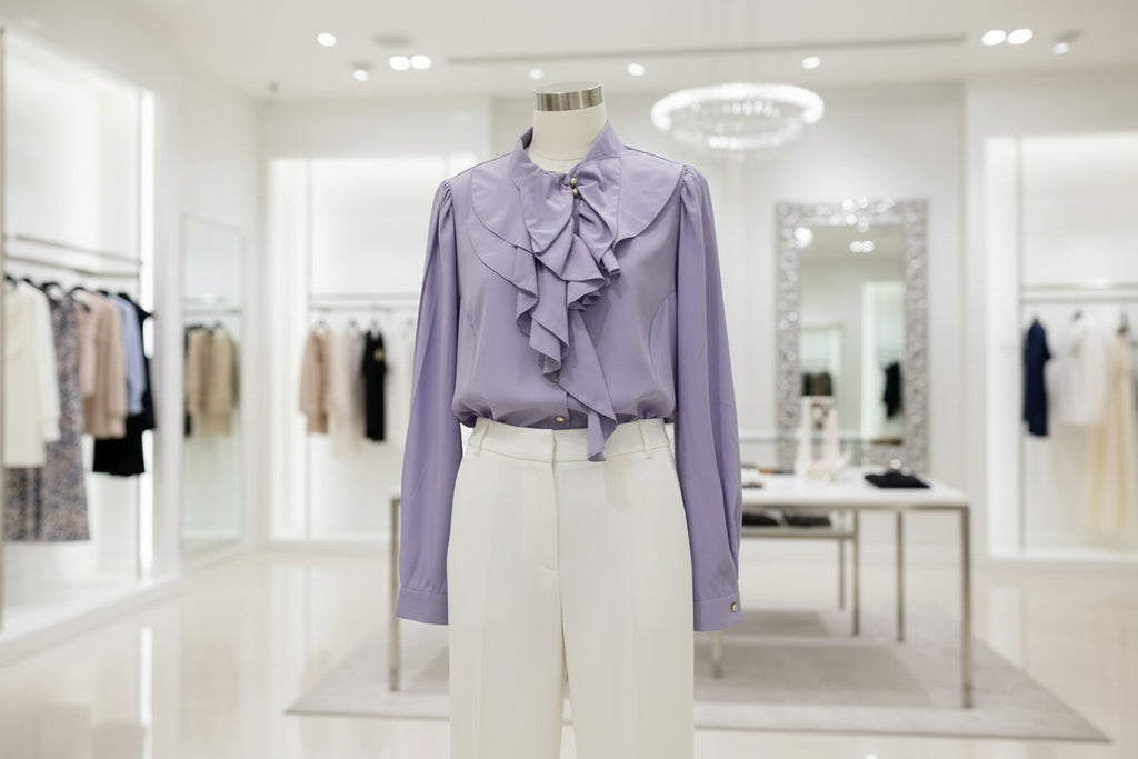 Vintage-Inspired Lavender Ruffle Front Blouse