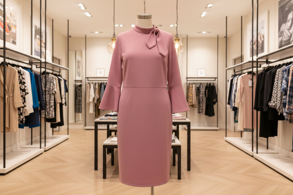 Mauve Bell-Sleeve Sheath Dress with Tie-Neck Detail