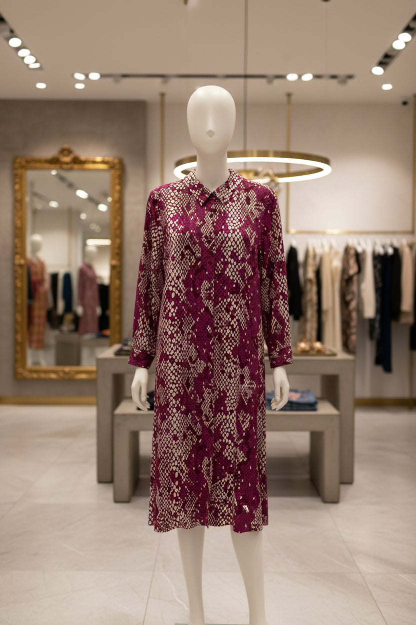 Vibrant Plum Snakeskin Button-Down Maxi Shirt Dress