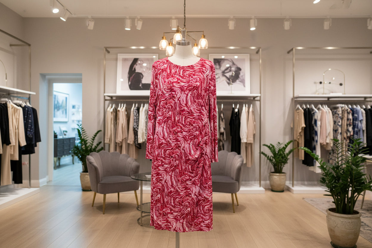 Pink Swirl Dream Long-Sleeve Ruched Midi Dress