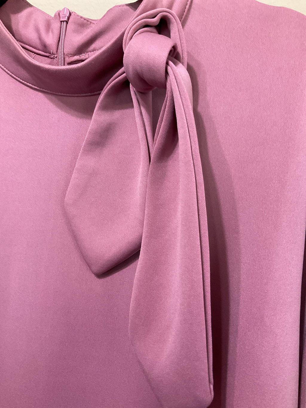 Mauve Bell-Sleeve Sheath Dress with Tie-Neck Detail