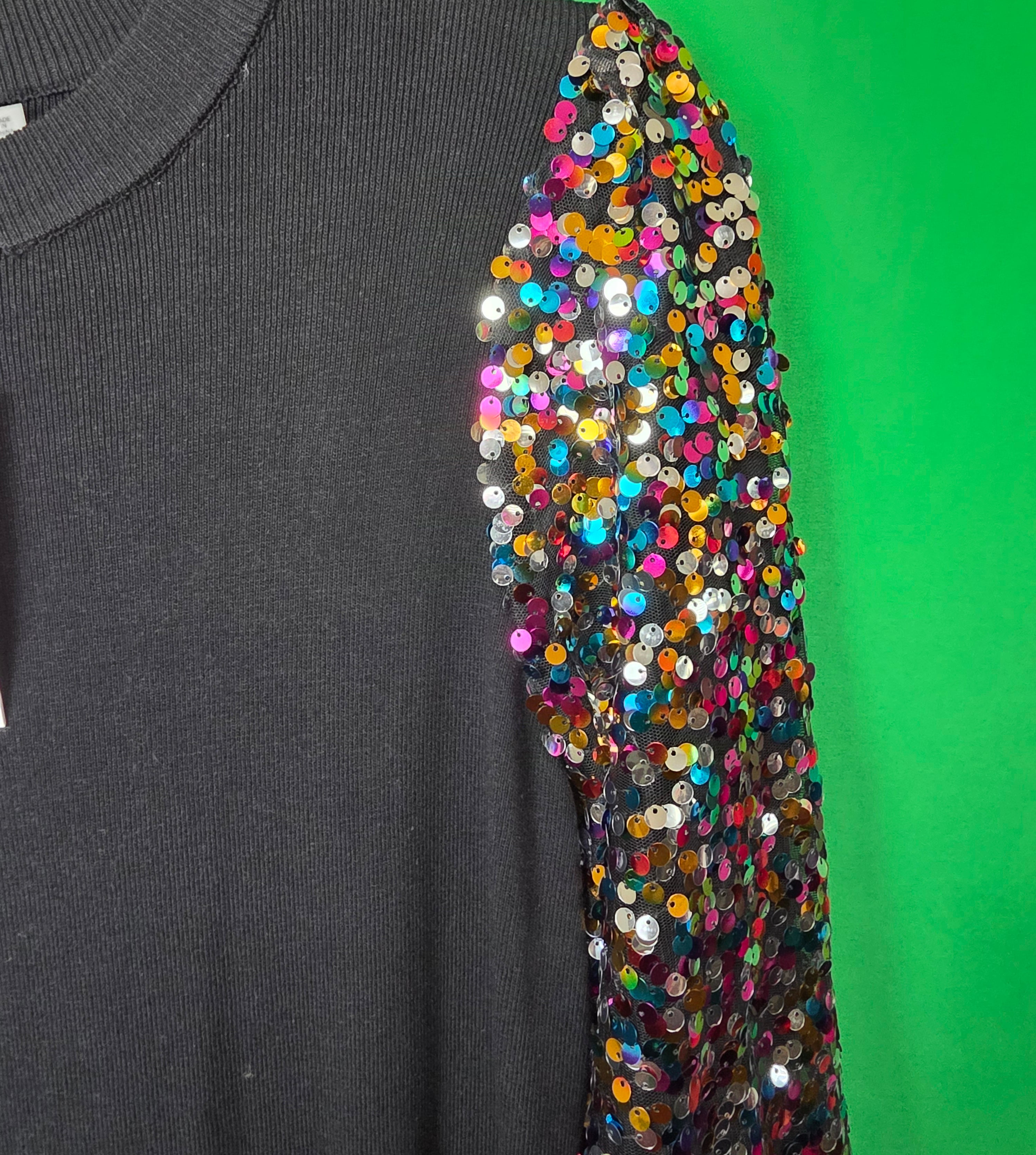 PrettyGarden Black Knit Midi Dress with Multi-Color Sequin Balloon Sleeves