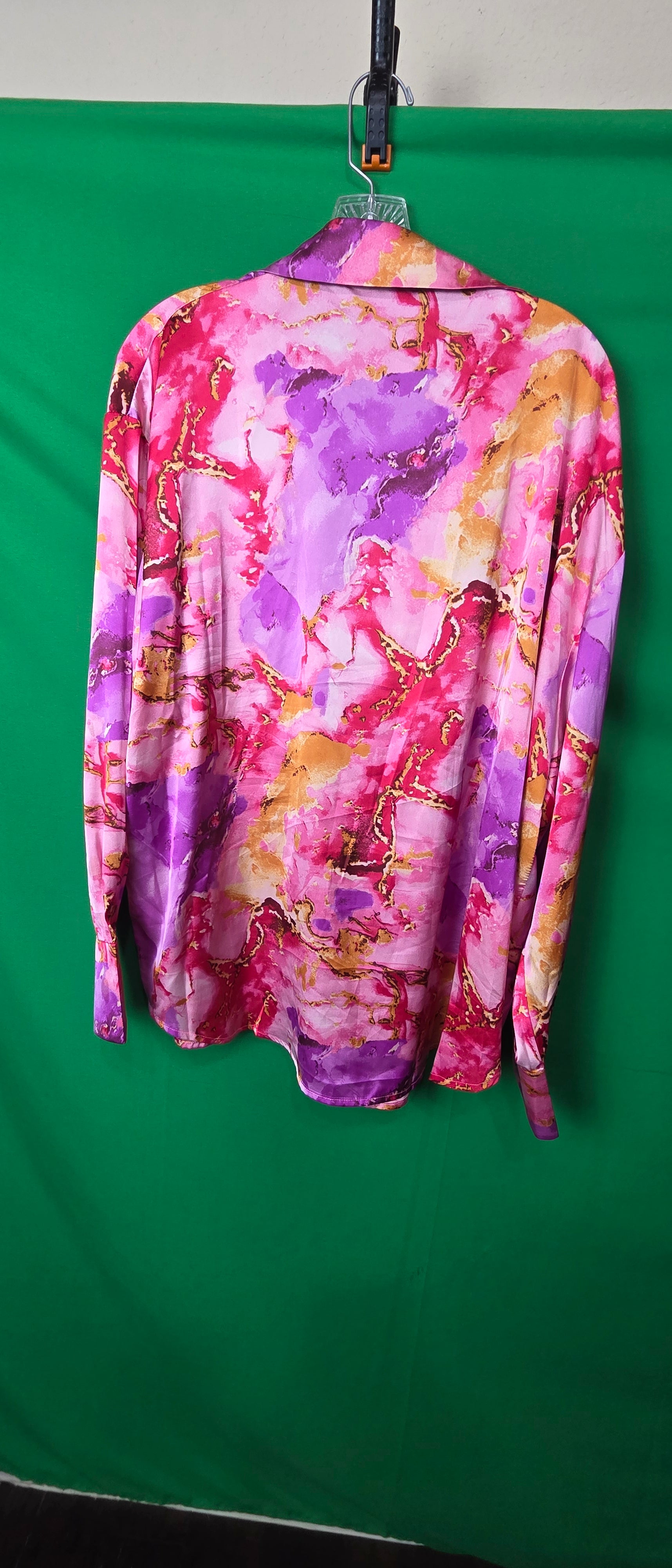 Satin Marble Print Blouse | Vibrant Pink & Purple Abstract Button-Down