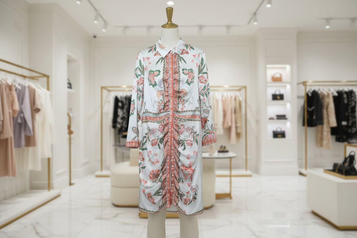 Fashion Nova Floral Ruched Long Sleeve Button-Down Midi Shirt Dress