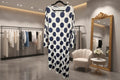 Polka Dot Midi Dress, Asymmetrical Hem Dress, Long Sleeve Shift Dress, Navy and White Polka Dot