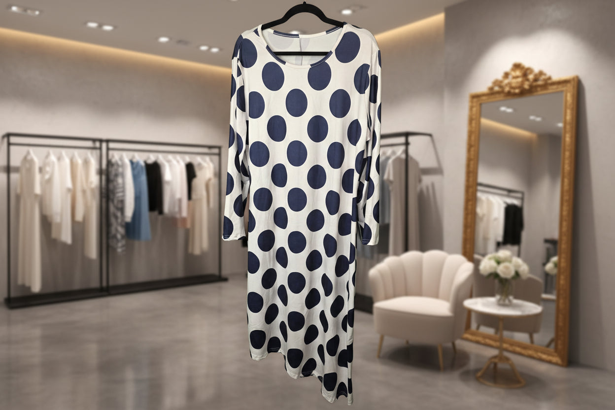 Polka Dot Midi Dress, Asymmetrical Hem Dress, Long Sleeve Shift Dress, Navy and White Polka Dot