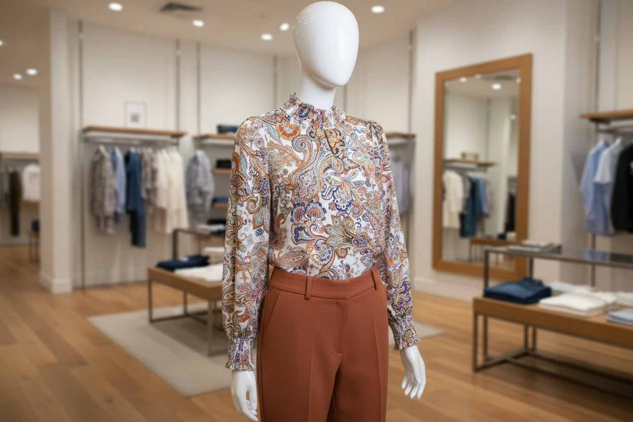Vintage-Inspired Paisley Mock Neck Blouse - Smocked Cuffs & Collar - Multi-Color