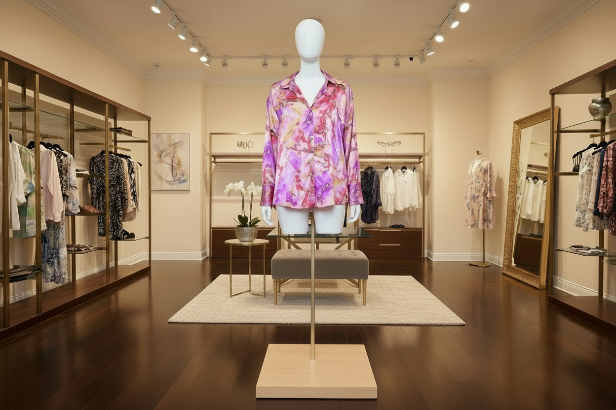 Satin Marble Print Blouse | Vibrant Pink & Purple Abstract Button-Down