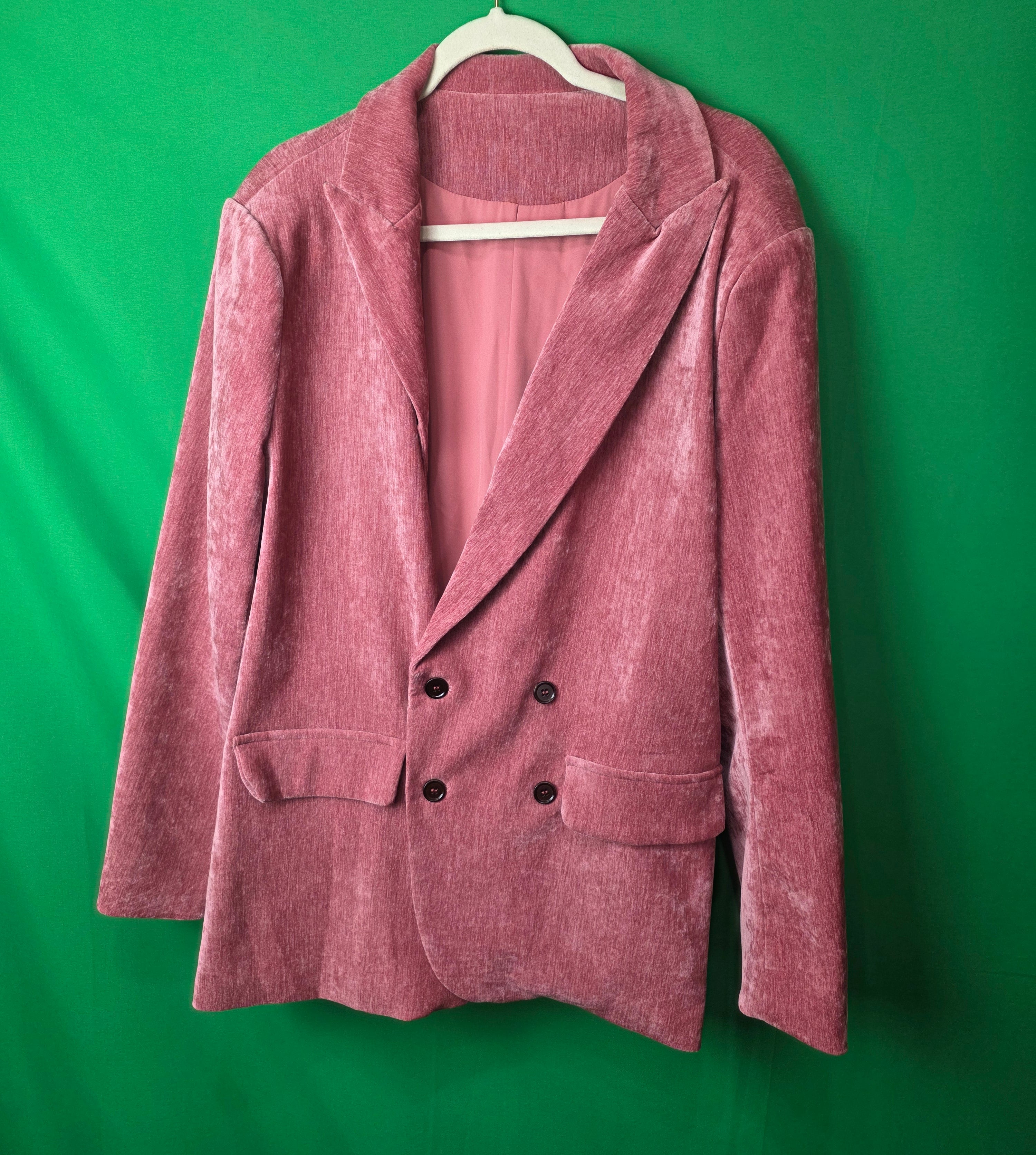 Vintage Style Mauve Ribbed Velvet Double Breasted Blazer – Textured Pink Velour Jacket