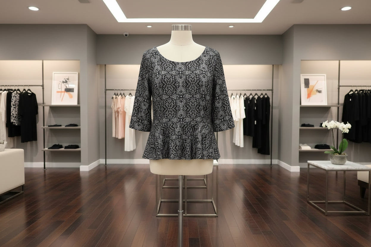 Ashley Stewart Lace Peplum Blouse 3/4 Sleeve Scoop Neck Black White Lined