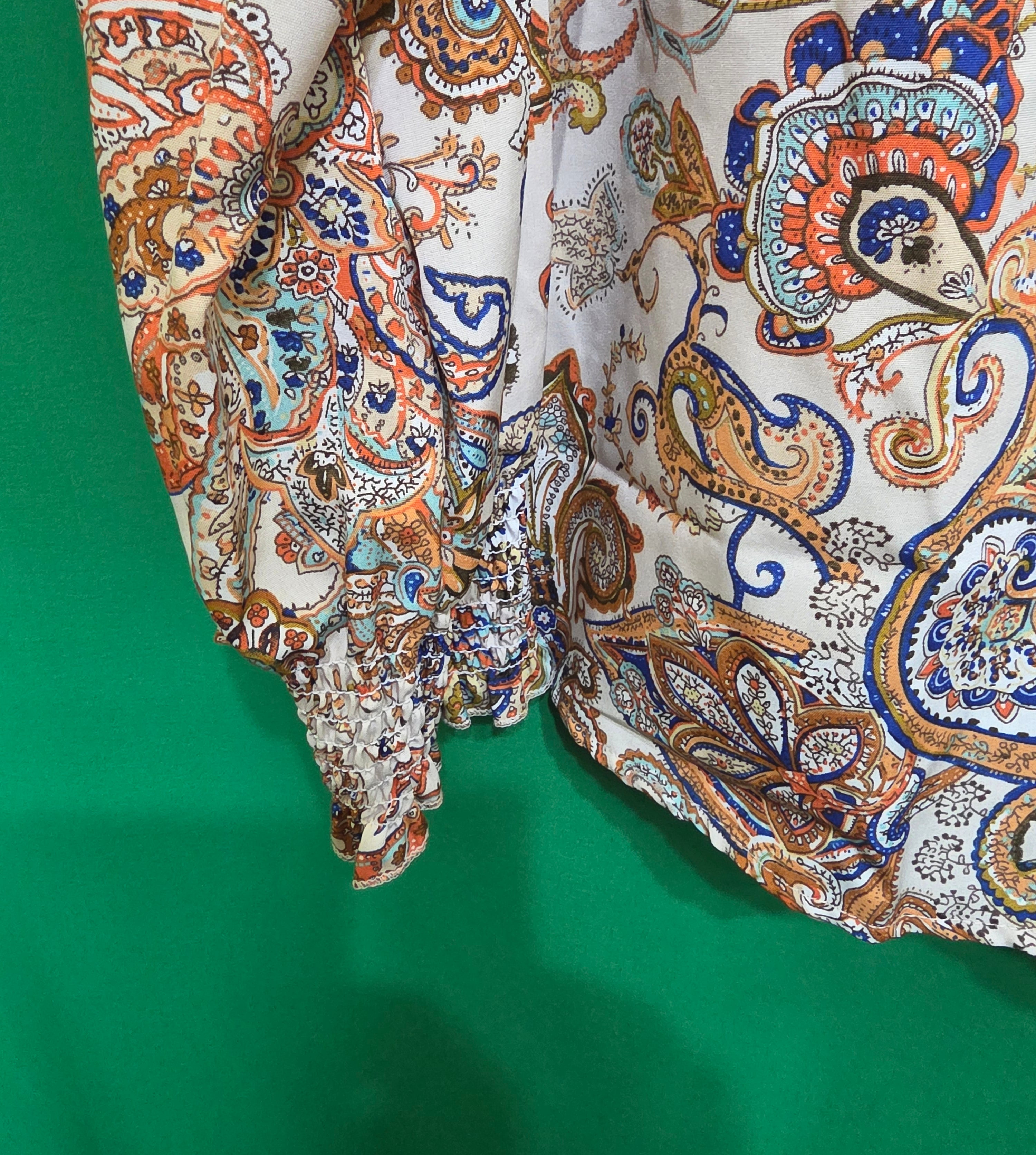 Vintage-Inspired Paisley Mock Neck Blouse - Smocked Cuffs & Collar - Multi-Color