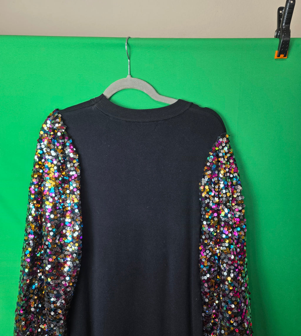 PrettyGarden Black Knit Midi Dress with Multi-Color Sequin Balloon Sleeves
