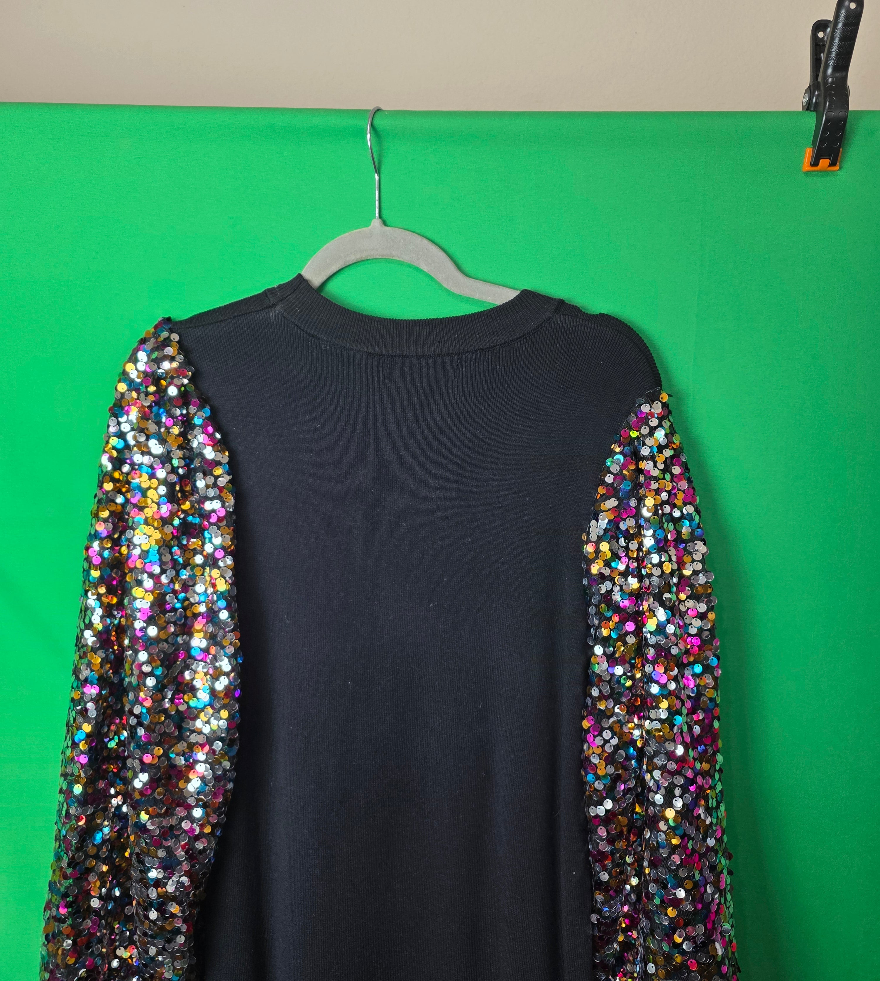 PrettyGarden Black Knit Midi Dress with Multi-Color Sequin Balloon Sleeves