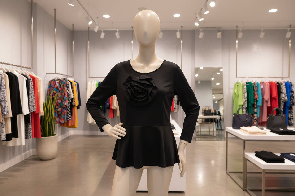 Ashley Stewart Black Peplum Top with Rosette Detail