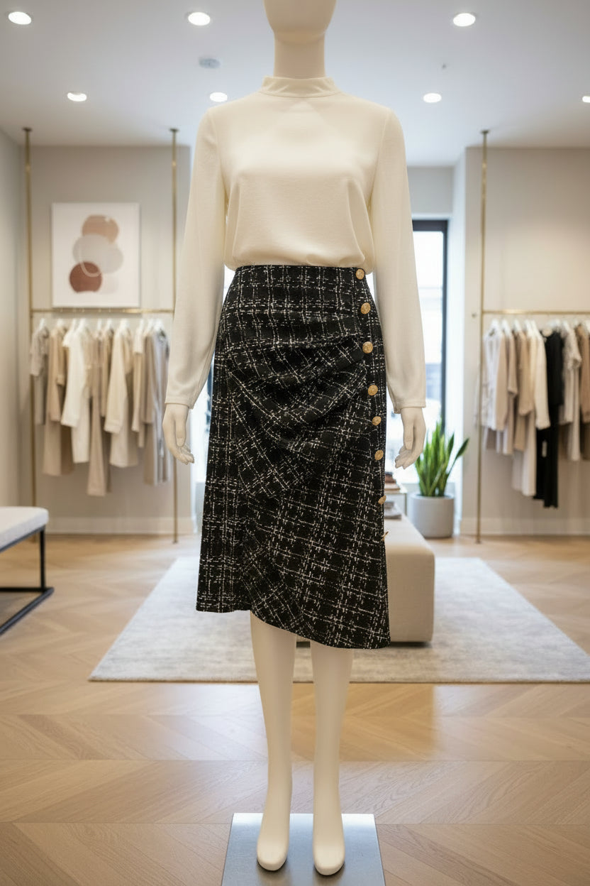 Chic Textured Tweed Ruched Pencil Skirt with Gold Buttons