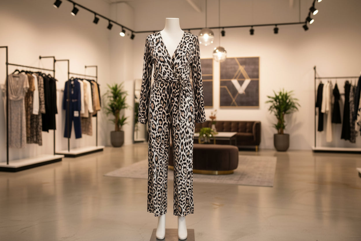 Chic Leopard Print Wrap Jumpsuit with Bishop Sleeves