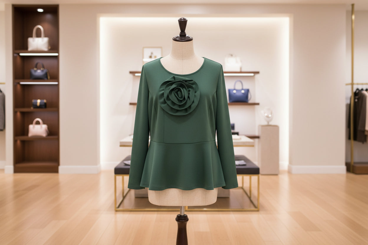 Ashley Stewart Hunter Green Rosette Peplum Top - Plus Size 22/24 - Long Sleeve