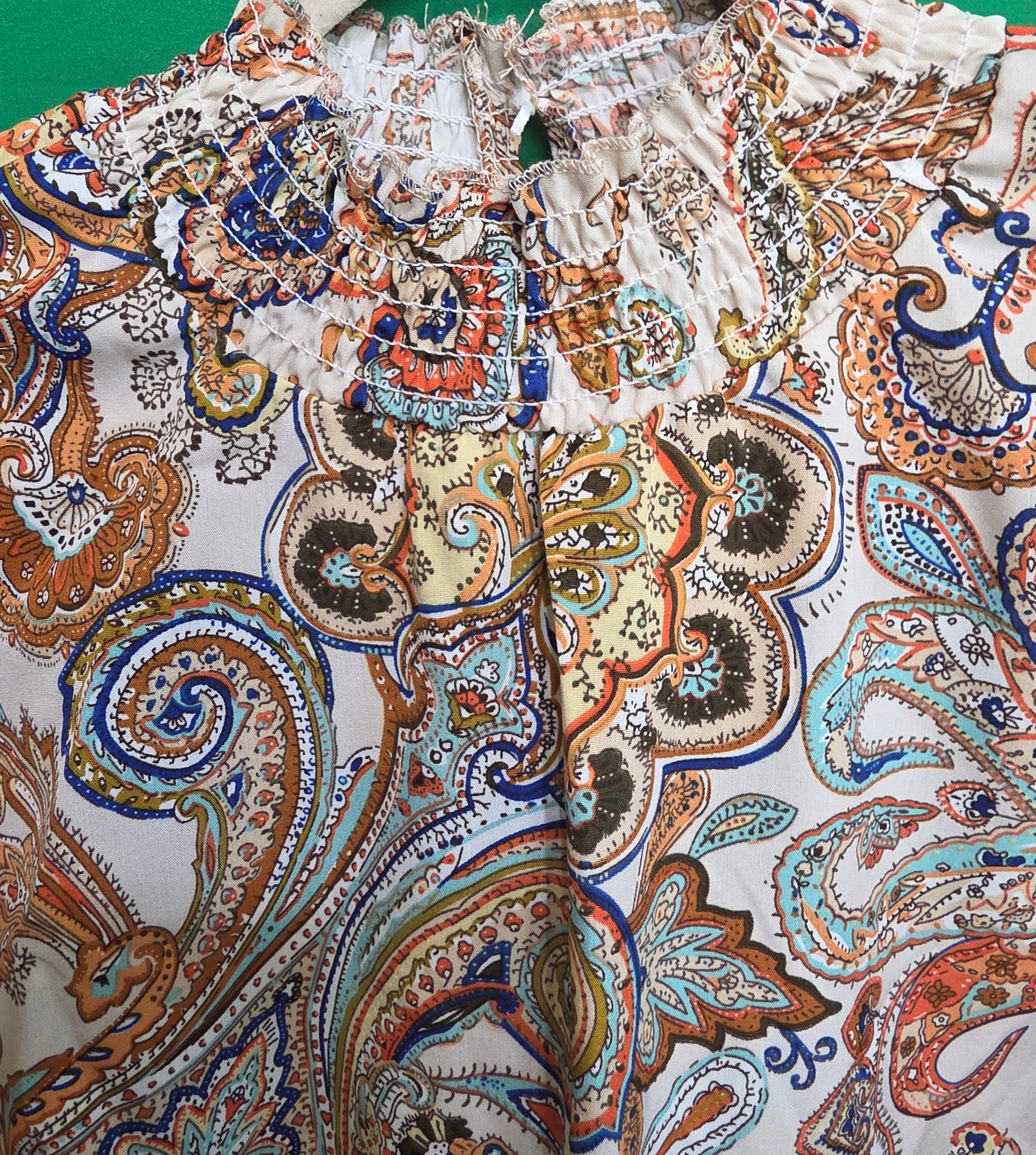 Vintage-Inspired Paisley Mock Neck Blouse - Smocked Cuffs & Collar - Multi-Color