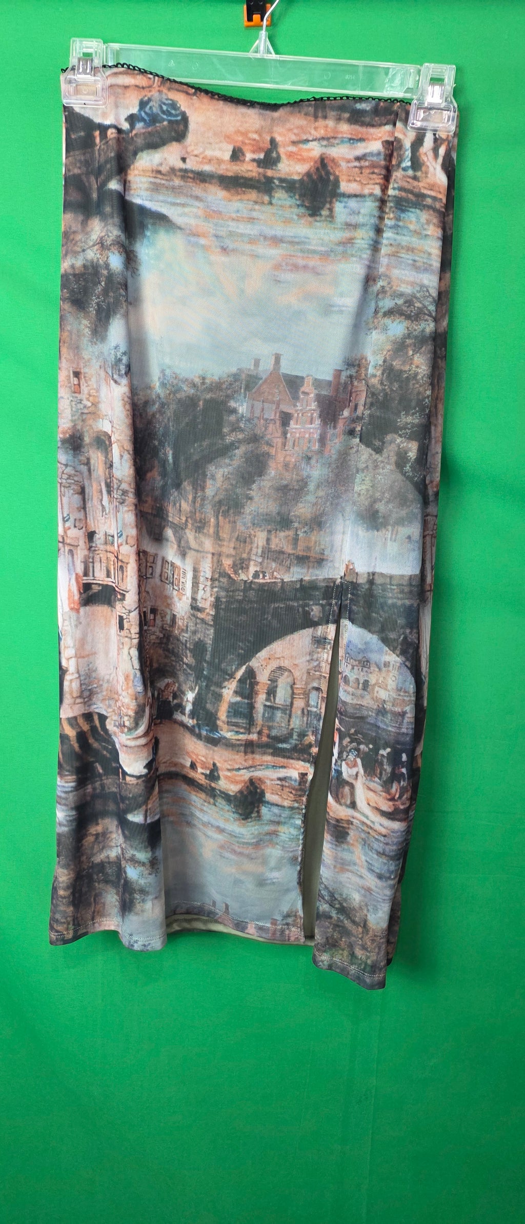 Vintage-Inspired Landscape Print Mesh Midi Skirt