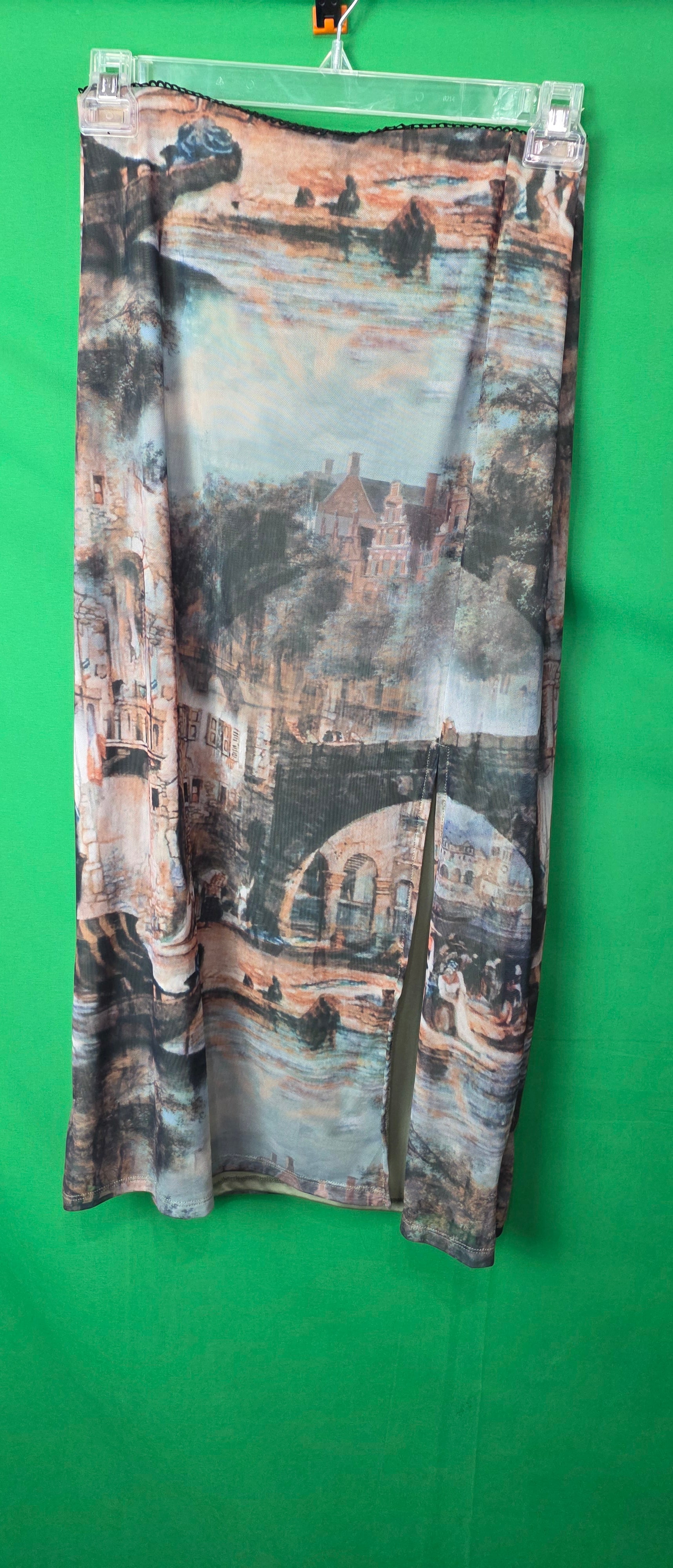 Vintage-Inspired Landscape Print Mesh Midi Skirt