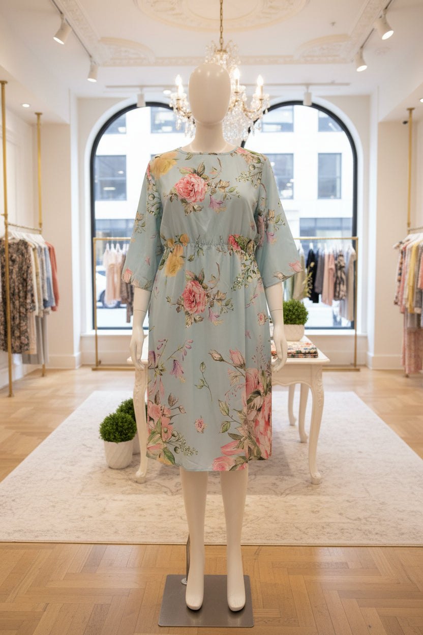Floral Midi Dress, Pastel Blue Sun Dress, Botanical Print Dress