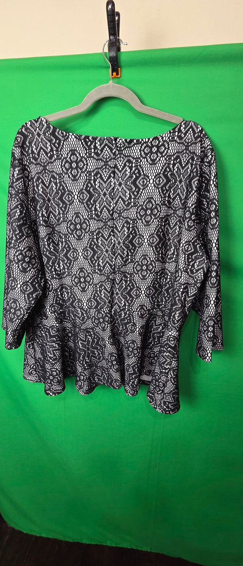 Ashley Stewart Lace Peplum Blouse 3/4 Sleeve Scoop Neck Black White Lined