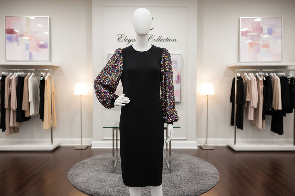 PrettyGarden Black Knit Midi Dress with Multi-Color Sequin Balloon Sleeves