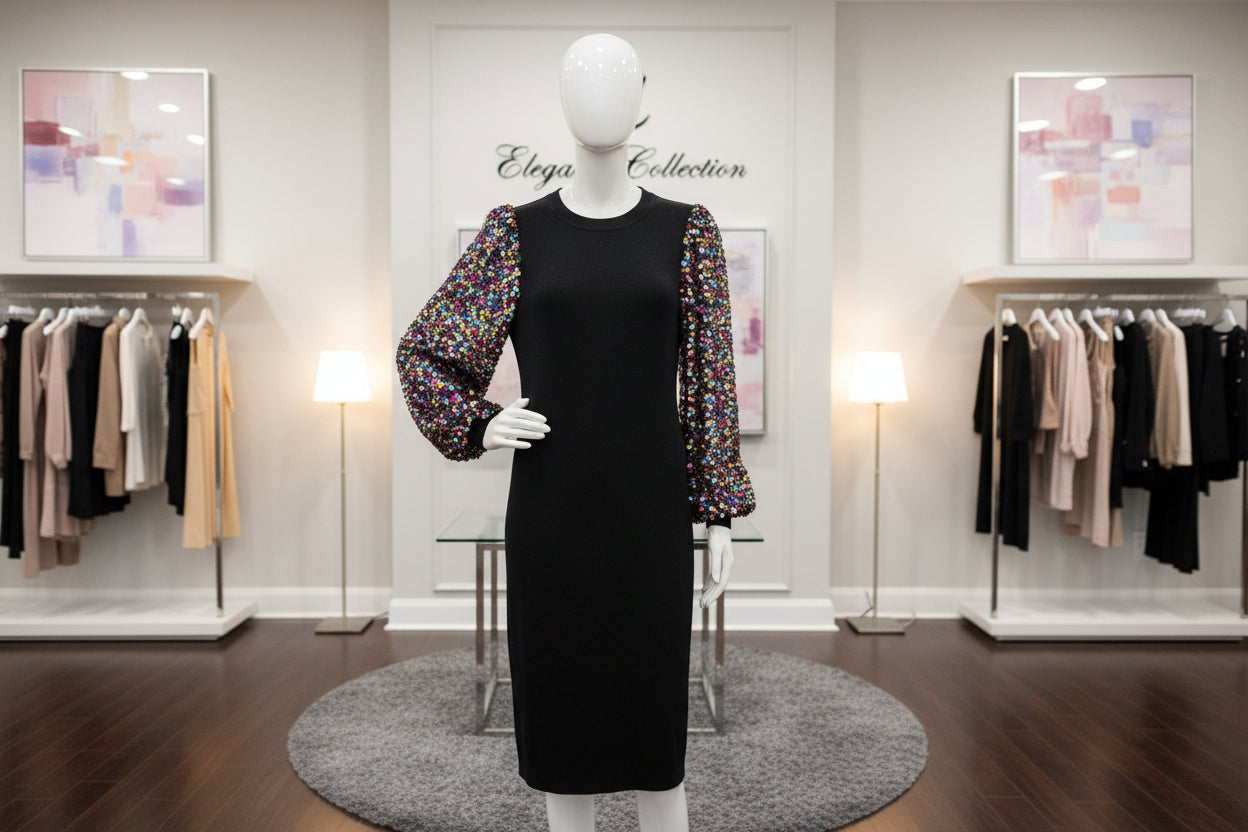 PrettyGarden Black Knit Midi Dress with Multi-Color Sequin Balloon Sleeves