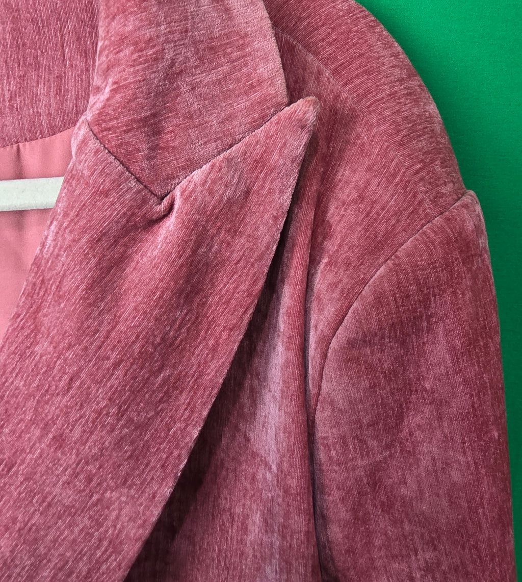 Vintage Style Mauve Ribbed Velvet Double Breasted Blazer – Textured Pink Velour Jacket
